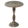 Table d'appoint sculptée en bois de manguier avec motifs floraux, pieds en spirale et finition vieillie grise