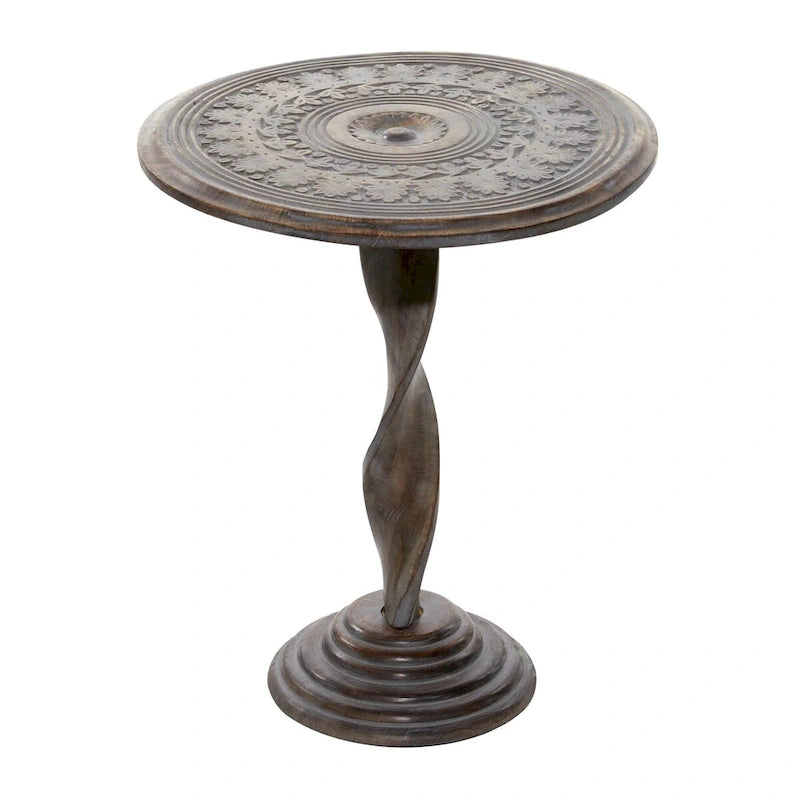 Table d'appoint sculptée en bois de manguier avec motifs floraux, pieds en spirale et finition vieillie grise